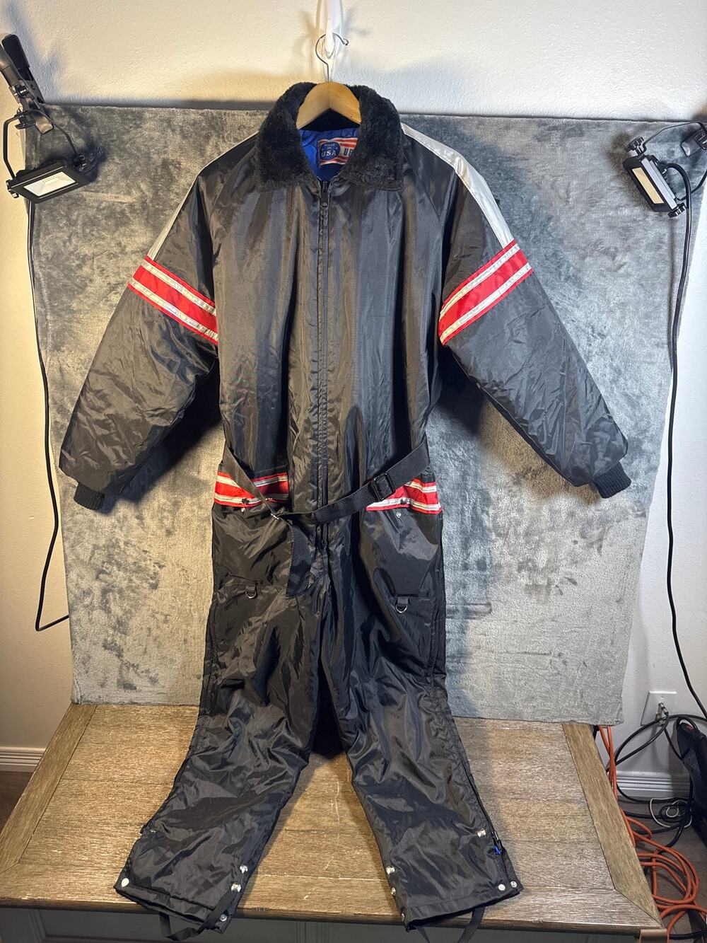 True Vintage x 70s UPC One Piece Snowmobile Suit Fur Collar Belted Mens MED BLK